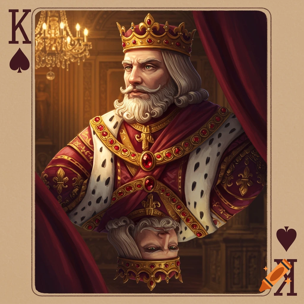 A King of Spades playing card, featuring a regal king with a beard and crown looking forward, with an inverted reflection below.