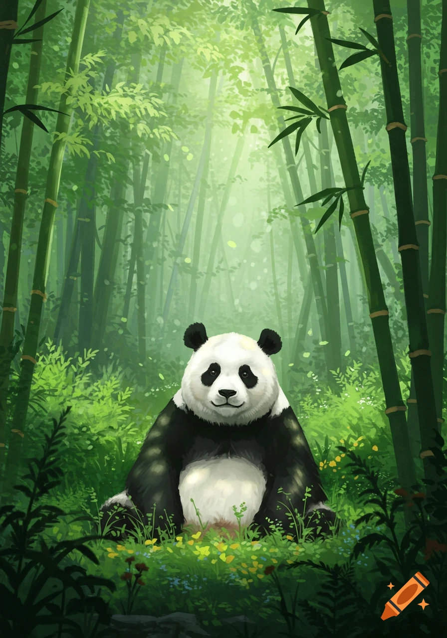 A cute panda sits in a lush green bamboo forest with light shining through the canopy.