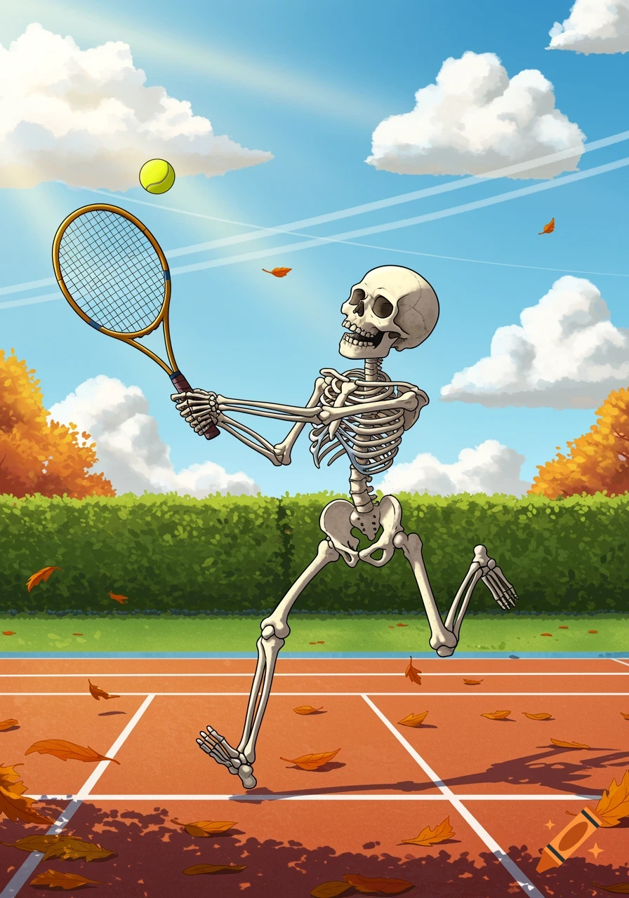 A cartoon skeleton plays tennis on an outdoor court in autumn, with leaves scattered on the red court.