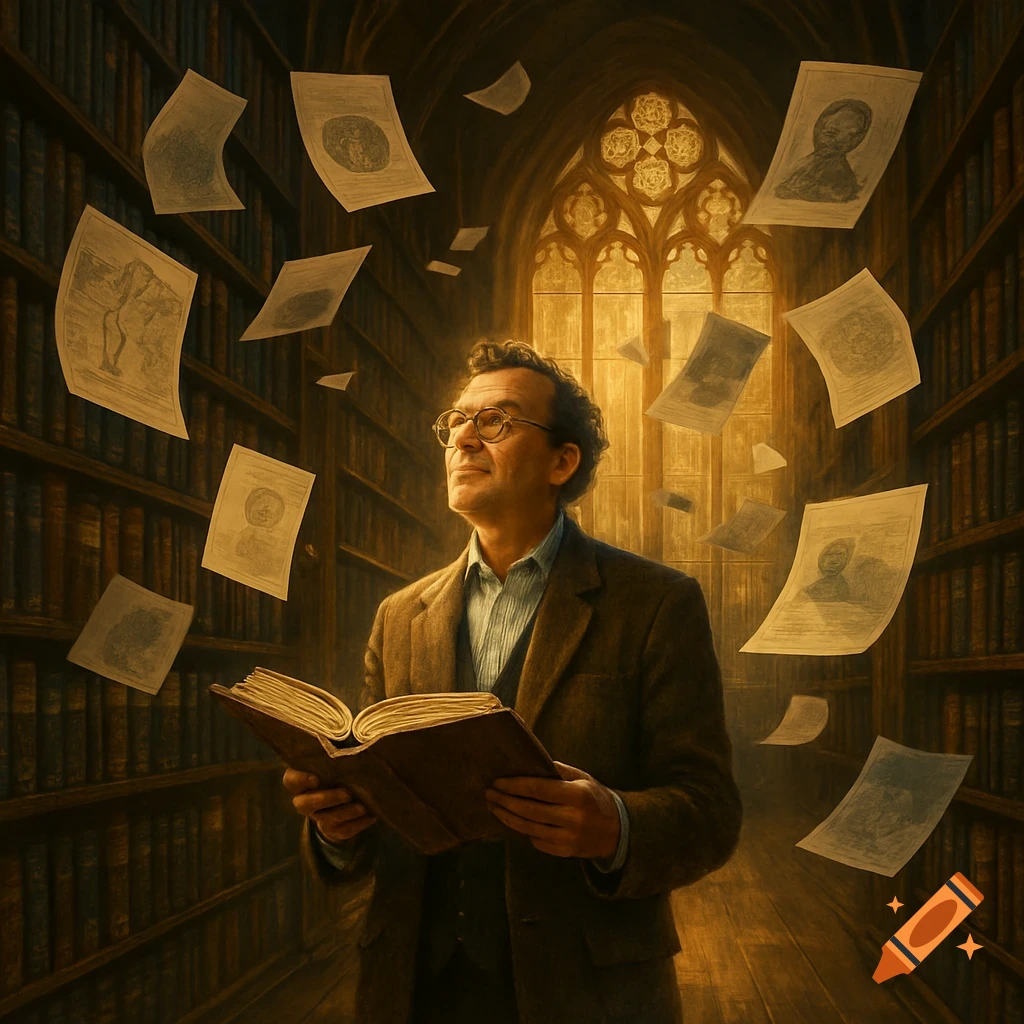 A thoughtful man with glasses reads a book in a grand library, surrounded by floating papers, in an artistic style.