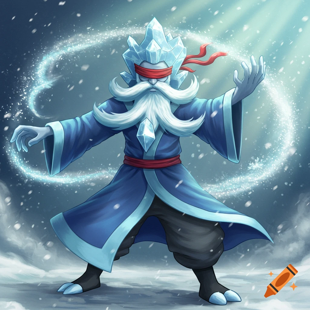 A humanoid ice wizard with a long white beard, ice crown, blue robe, and red blindfold, stands in a snowy scene, casting a spell with swirling ice and snow.