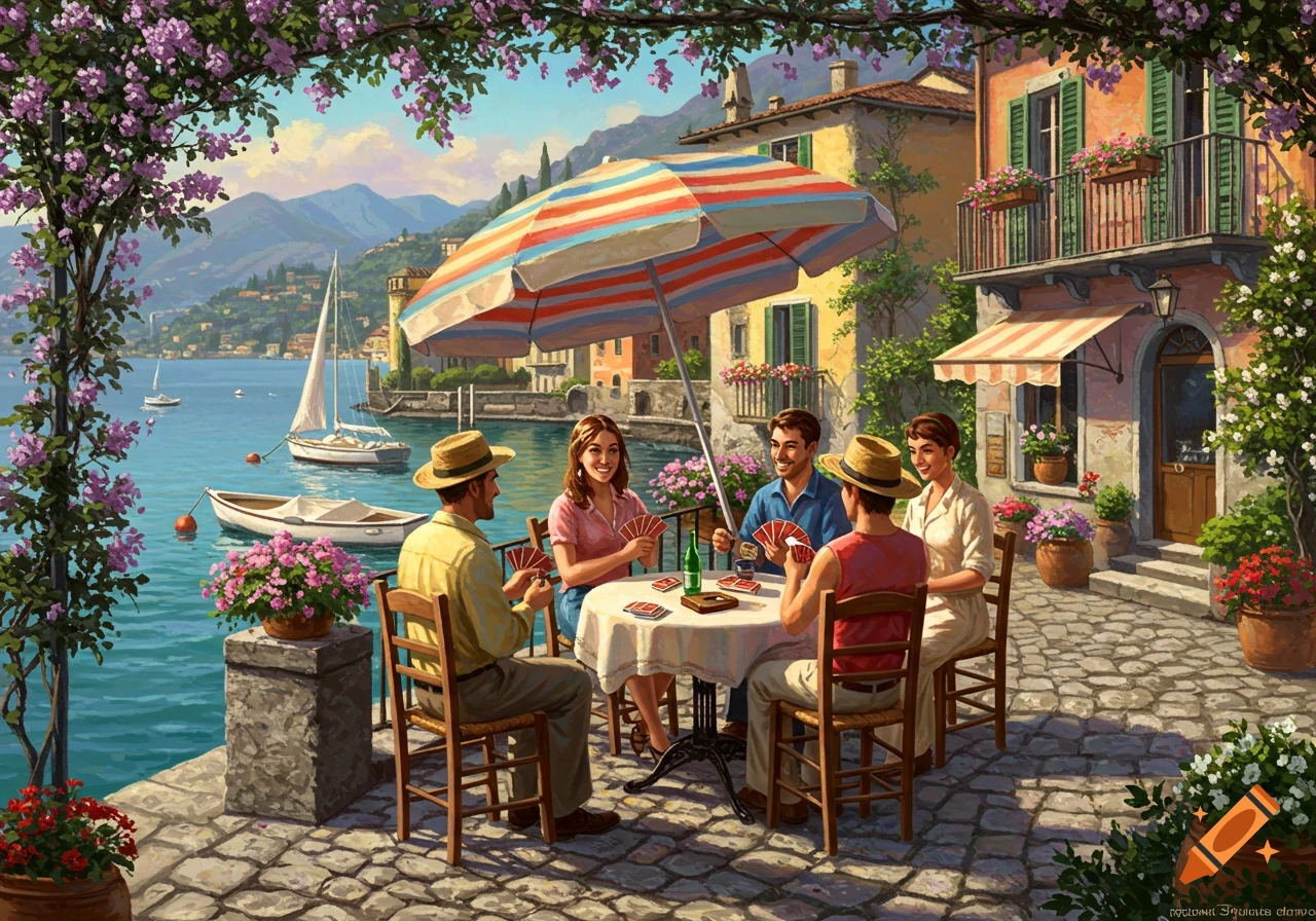 Painting of friends playing cards on a lakeside patio in a charming Italian town.