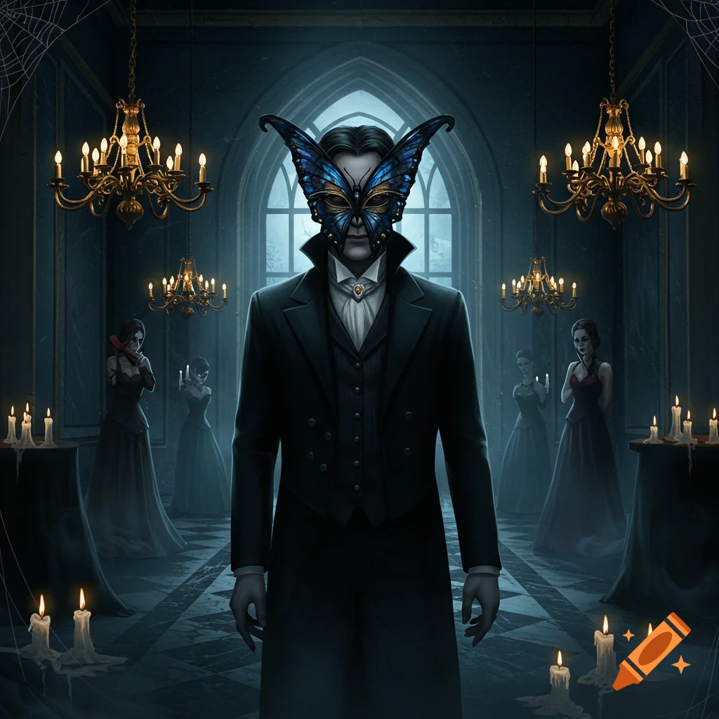 A man in a black suit and blue butterfly mask stands in a dimly lit gothic hall with chandeliers and blurred figures.
