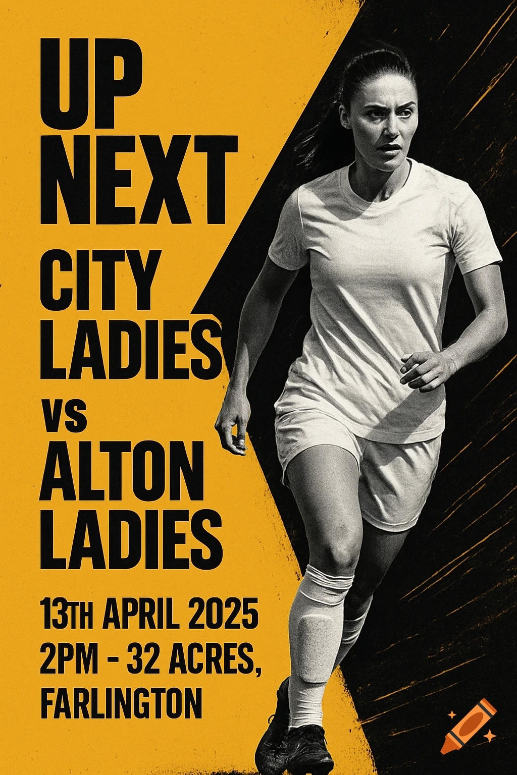 A graphic poster for a women's football match in black and mustard yellow, featuring a female player and match details.
