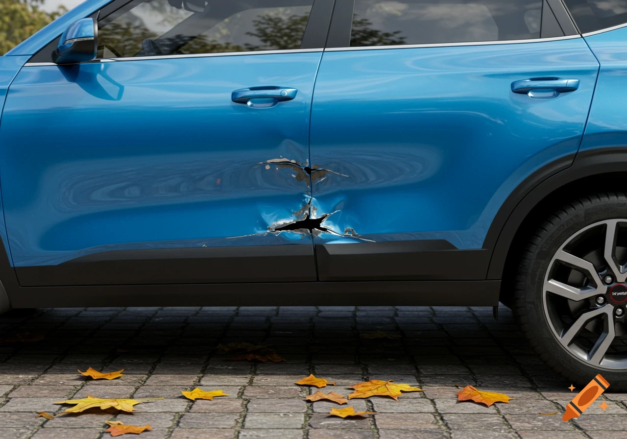 Close-up of a blue car with a large dent and tear on its passenger side doors, with autumn leaves scattered on the cobblestone ground.