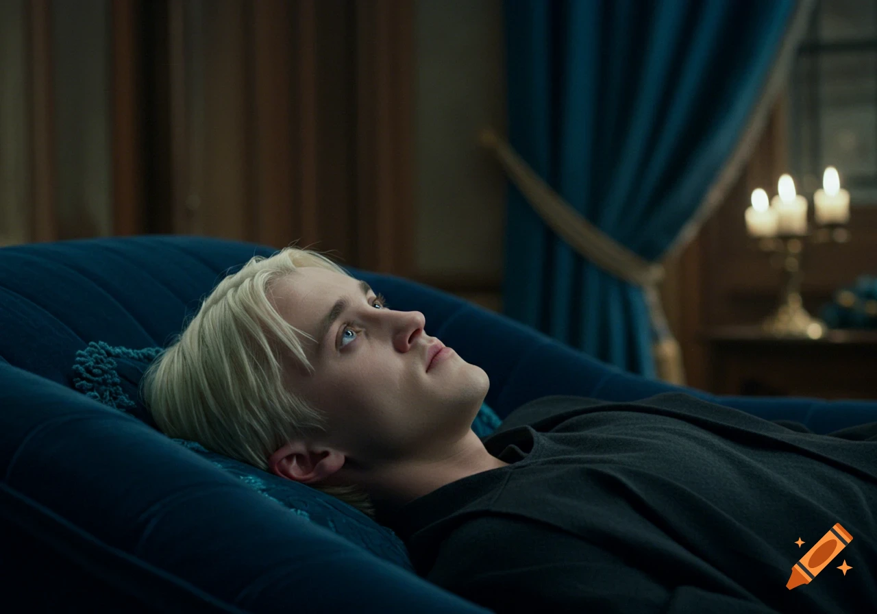 A young man with platinum blonde hair and striking blue eyes, resembling Draco Malfoy, lies on a dark blue velvet chaise lounge, looking upwards. He is dressed in a dark top. The background shows a dimly lit, ornate room with blue drapes and a candle holder.
