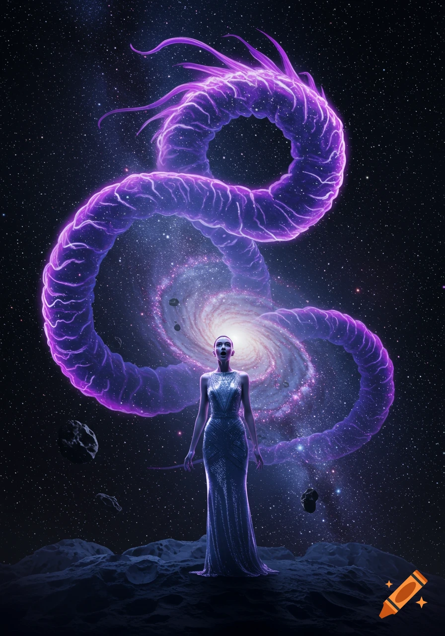 A woman in a shimmering gown stands on a moon, gazing at a glowing purple cosmic entity coiling around a galaxy in starry space.