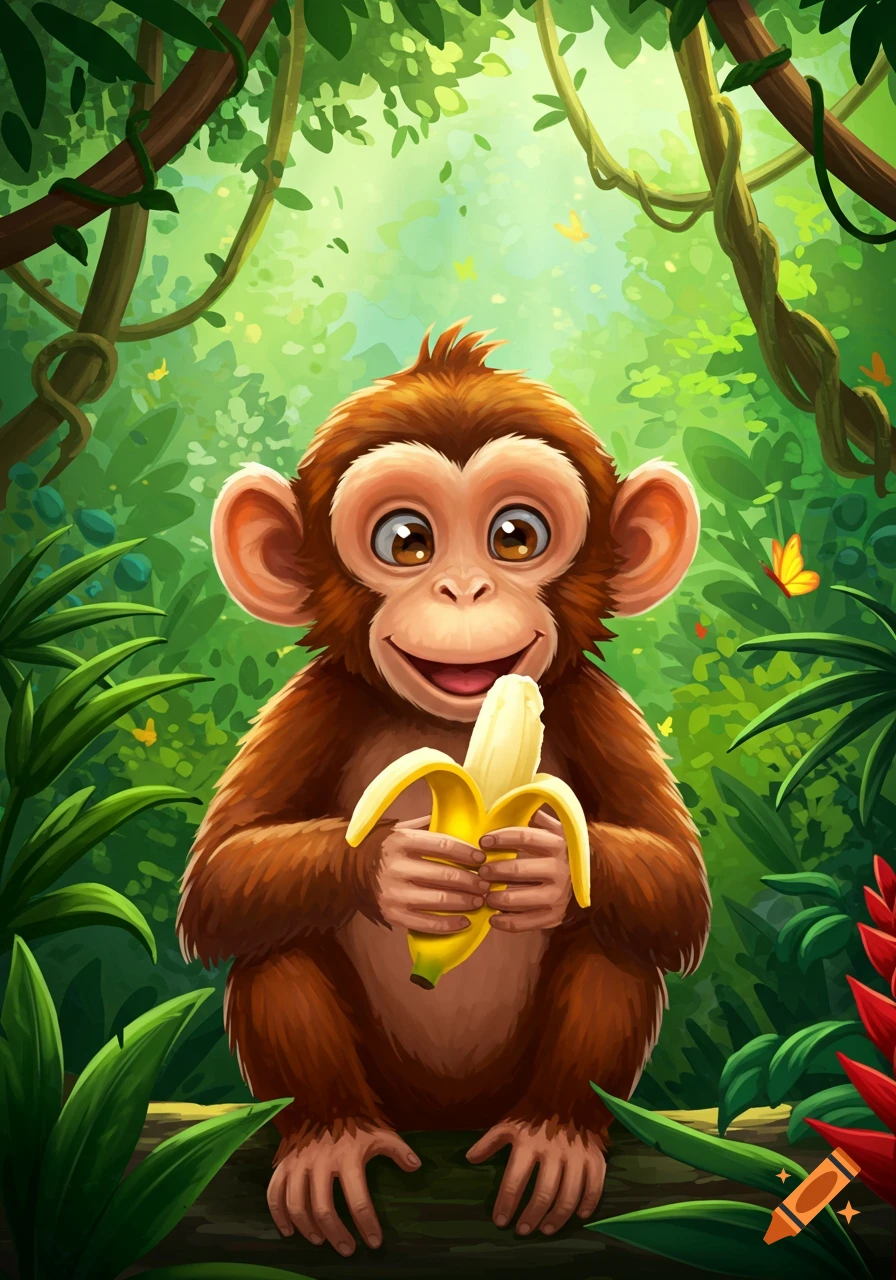 A cute cartoon monkey holding a peeled banana and smiling in a lush green jungle.