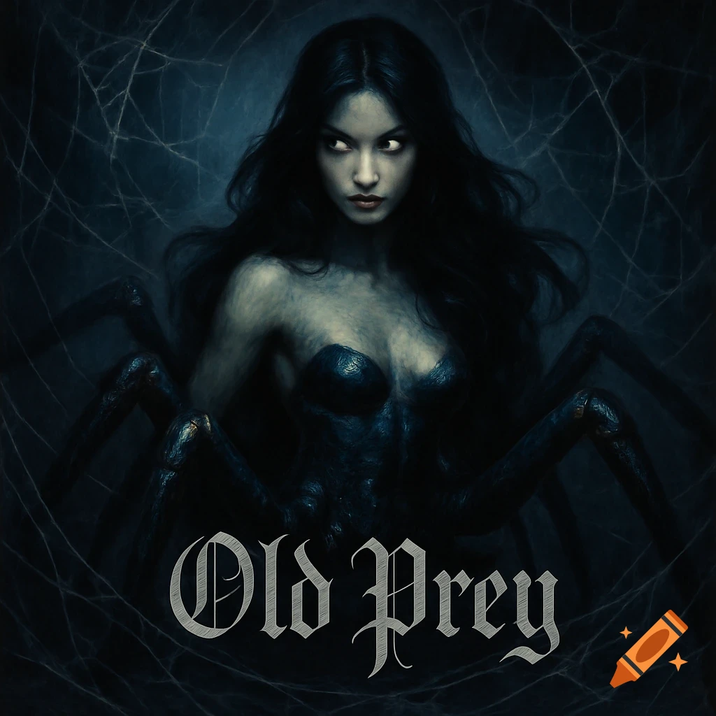 A dark fantasy image of a beautiful woman with spider legs and body, against a web background, with 'Old Prey' text.