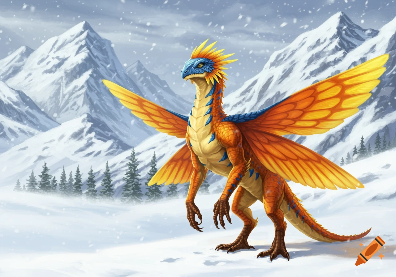 A vibrant orange, blue, and yellow winged fantasy creature stands in a snowy mountain landscape.