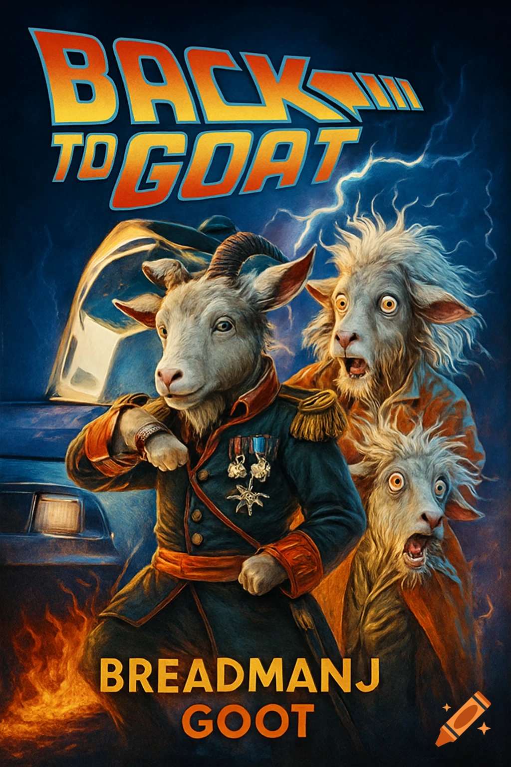A vibrant 80s movie poster parody featuring anthropomorphic goats dressed as characters from Back to the Future, with a futuristic car and lightning.