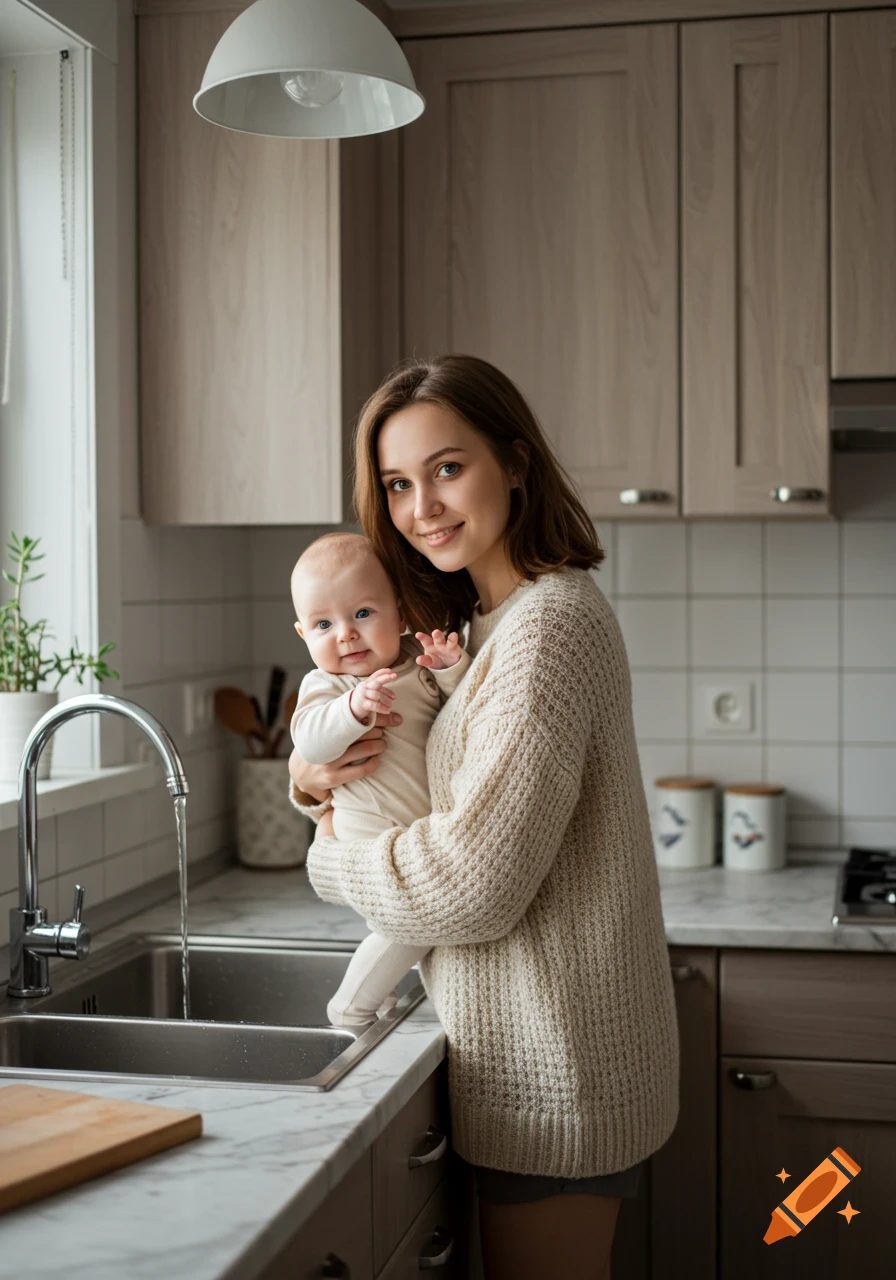 Young mother holding her baby in a modern kitchen, with water running from the sink, photorealistic style.