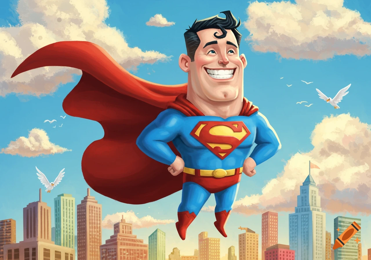 A smiling, cartoonish Superman with a large head flies above a city skyline, with white birds in the blue sky.