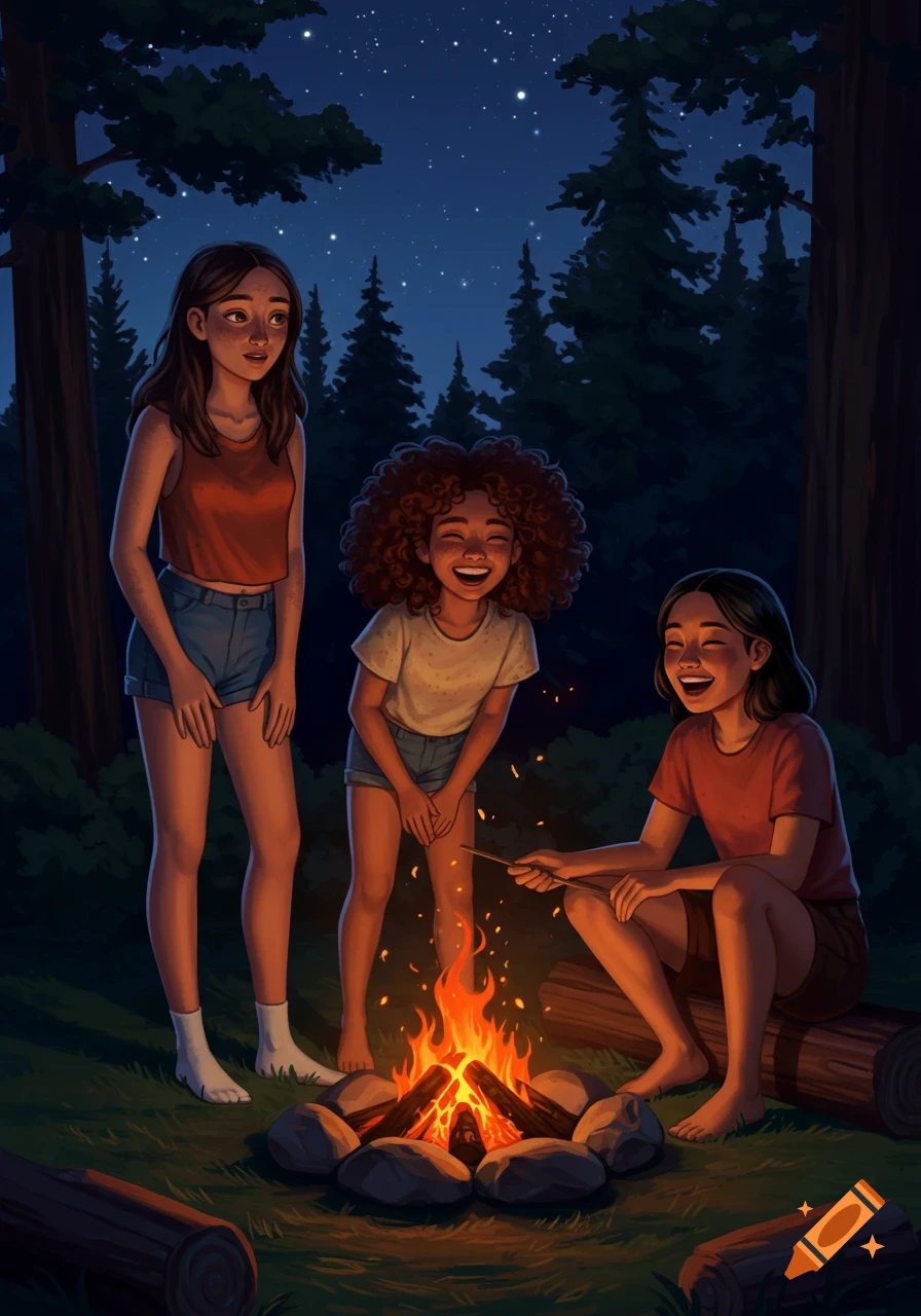 Three young girl friends camping at night, gathered around a warm campfire under a starry sky, in an illustrative style.