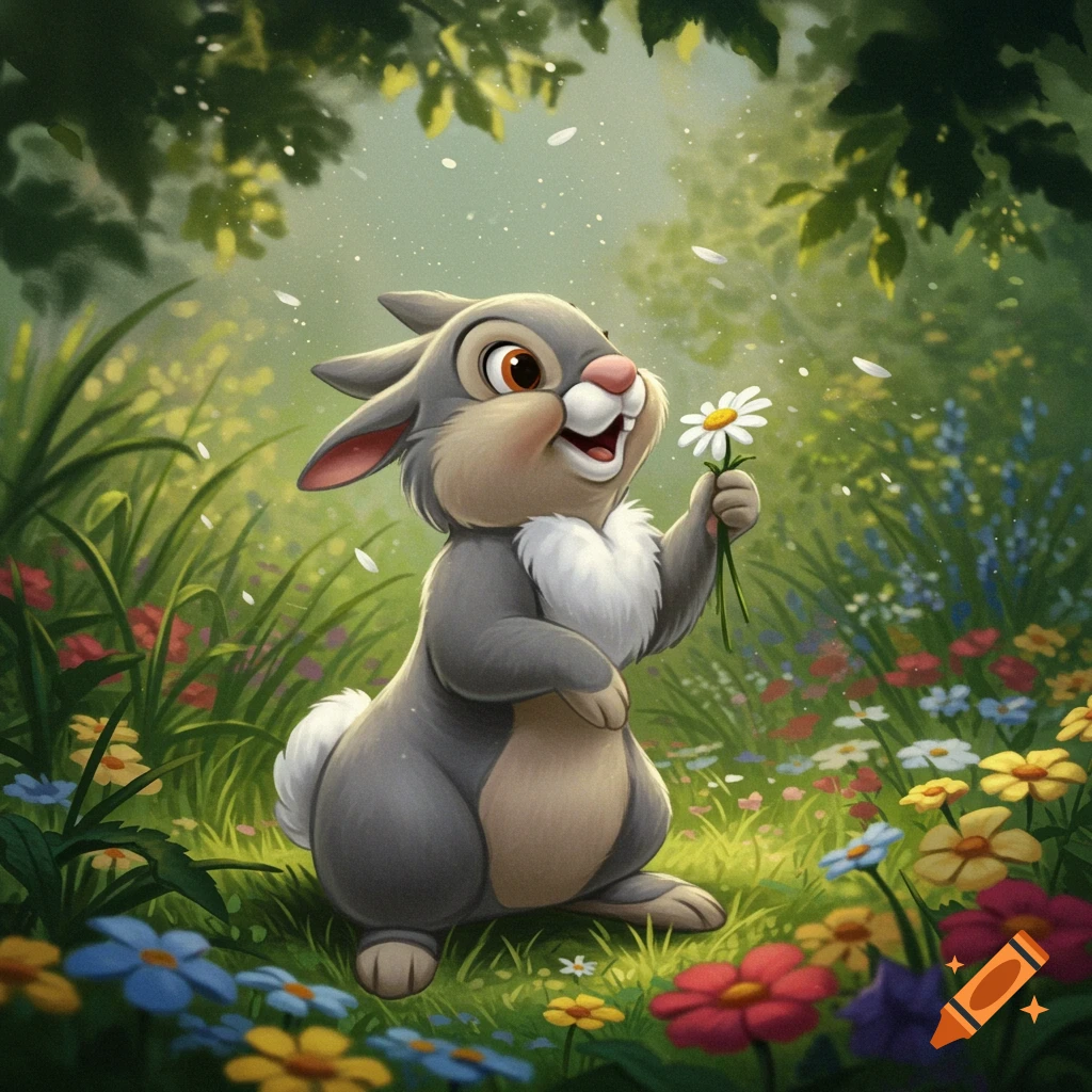 Cartoon rabbit, Thumper from Bambi, stands in a vibrant meadow holding a white daisy among colorful wildflowers.