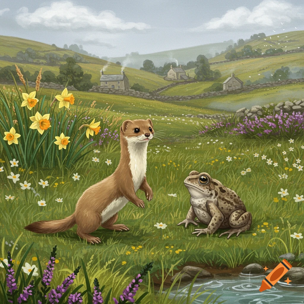 A brown and white weasel stands in a grassy field with a toad by a stream, surrounded by daffodils and wildflowers, with rolling hills and houses in the background.