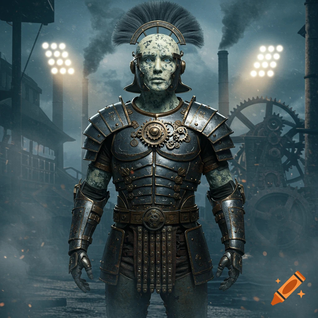 A blue-skinned humanoid in dark, ornate dieselpunk Roman legionnaire armor stands in an industrial factory setting.