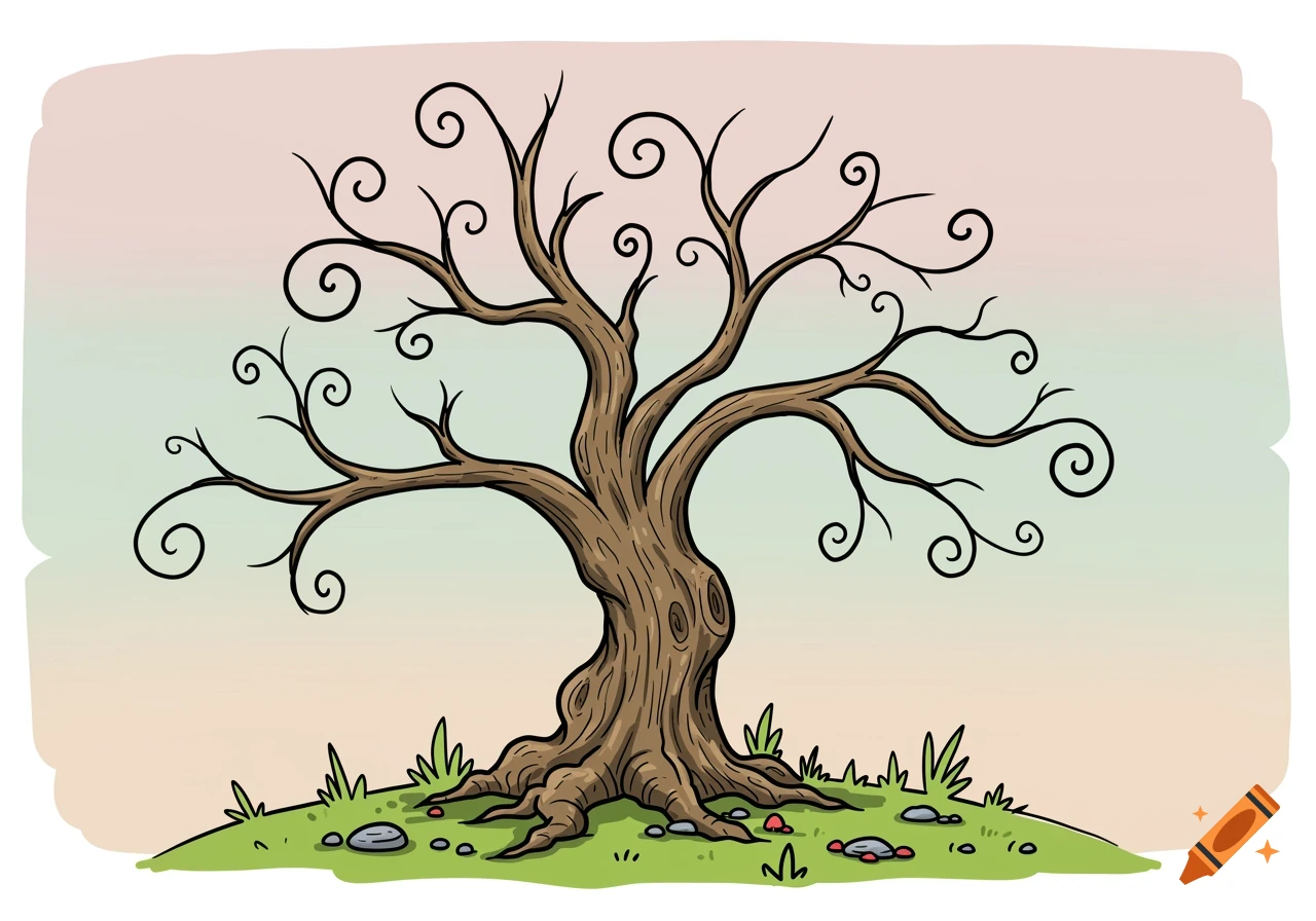 A cartoon illustration of a bare tree with curly branches and roots on a grassy hill with rocks.