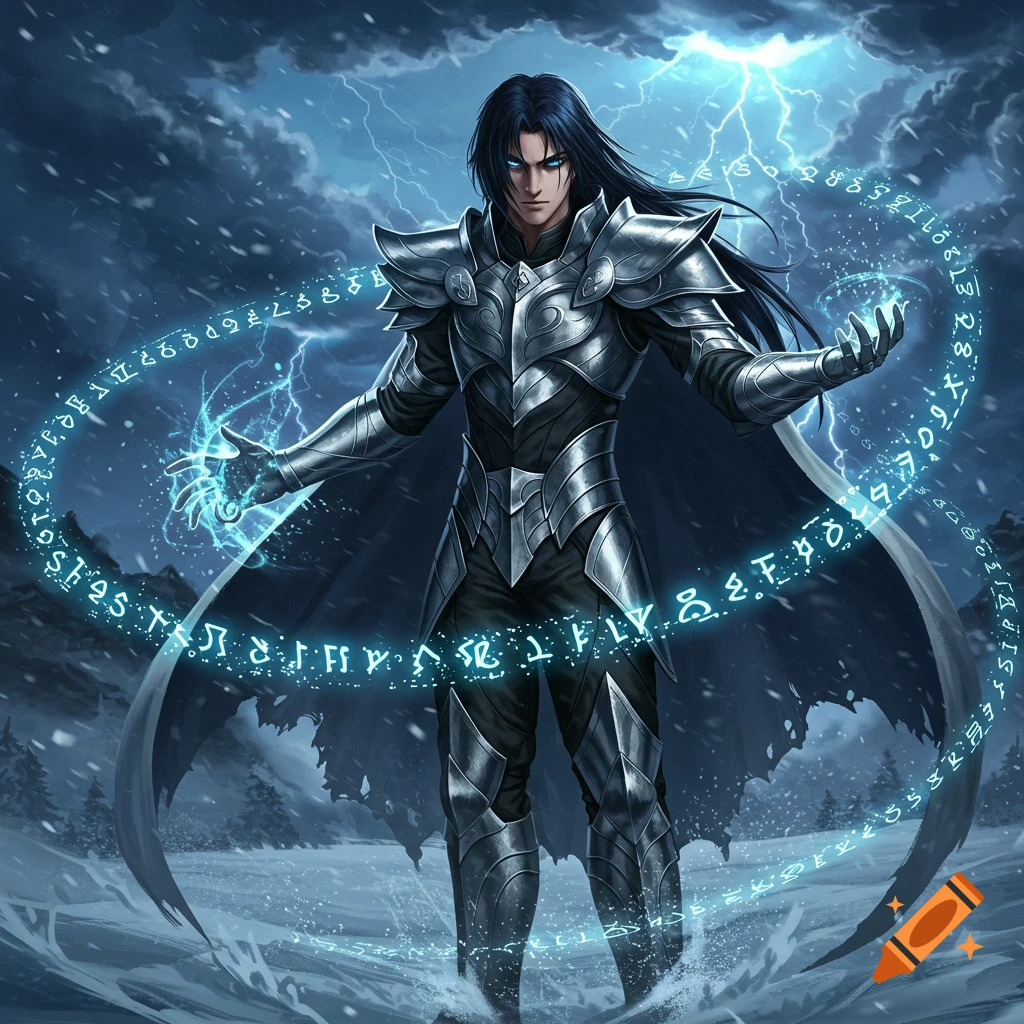 A male anime character in silver armor casts a glowing blue spell with runes in a snowy, stormy landscape.