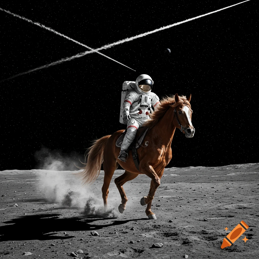 Photorealistic image of an astronaut riding a horse across the moon's surface under a starry sky.