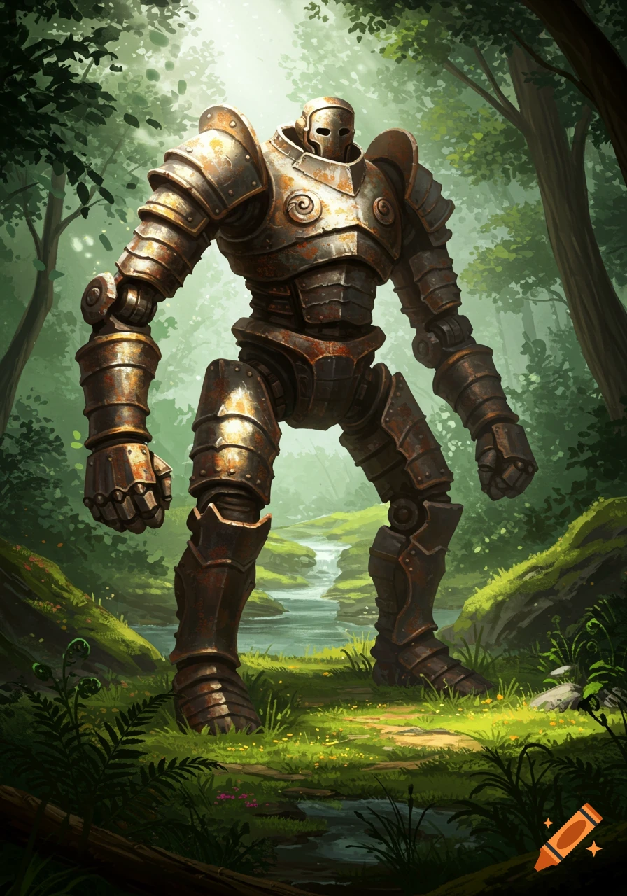 A large, rusted iron golem stands amidst a vibrant, sun-dappled fantasy forest with a small stream.