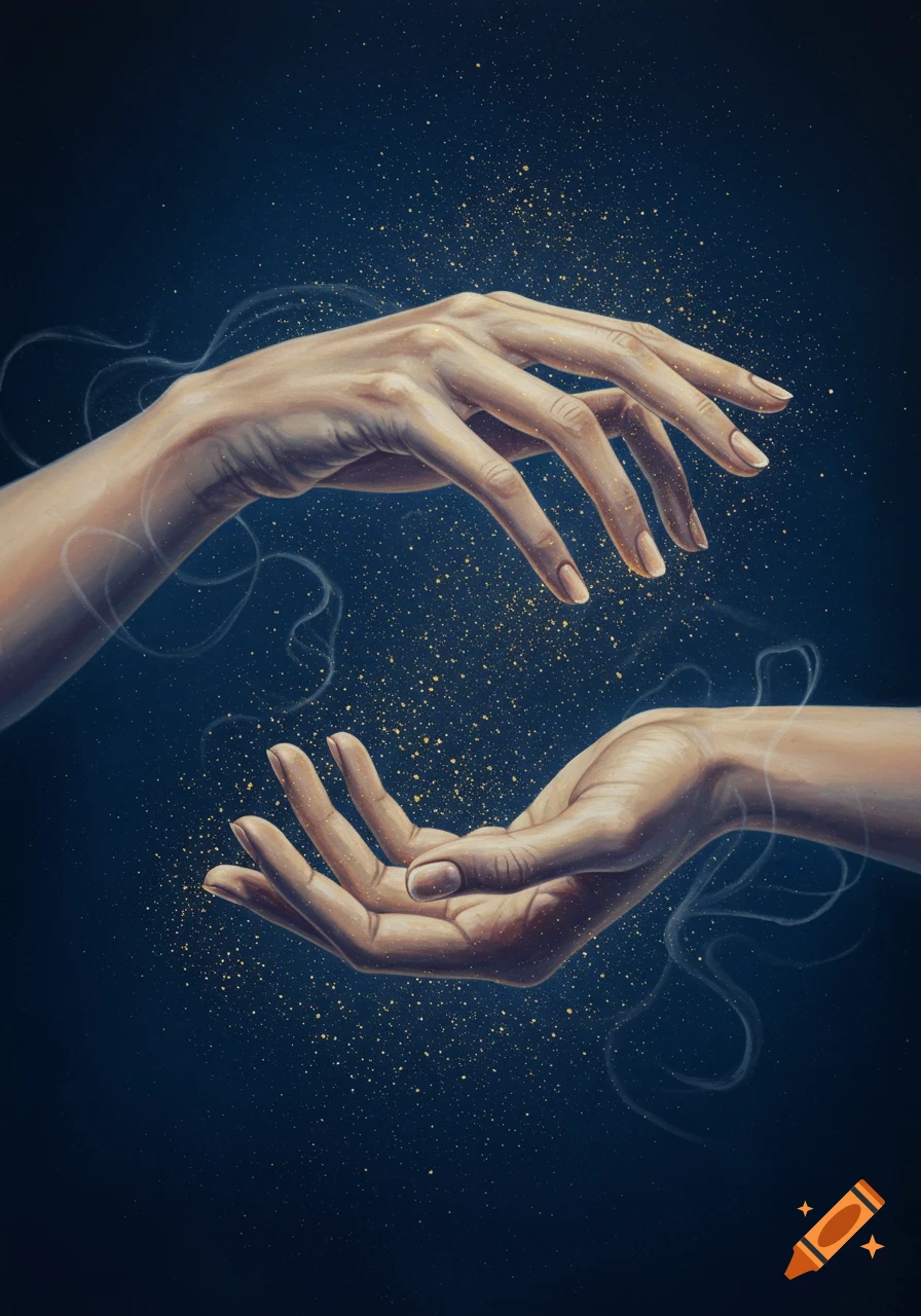Two neutral-toned hands, one above the other, surrounded by golden sparkles and ethereal wisps of light on a deep astral blue background, in a realistic painting style.