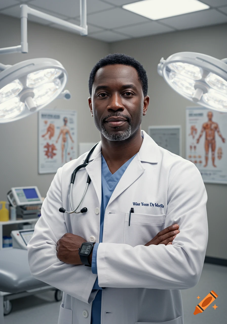 A photorealistic portrait of a Black male doctor wearing a white lab coat and stethoscope, standing with folded arms in a well-lit medical room.