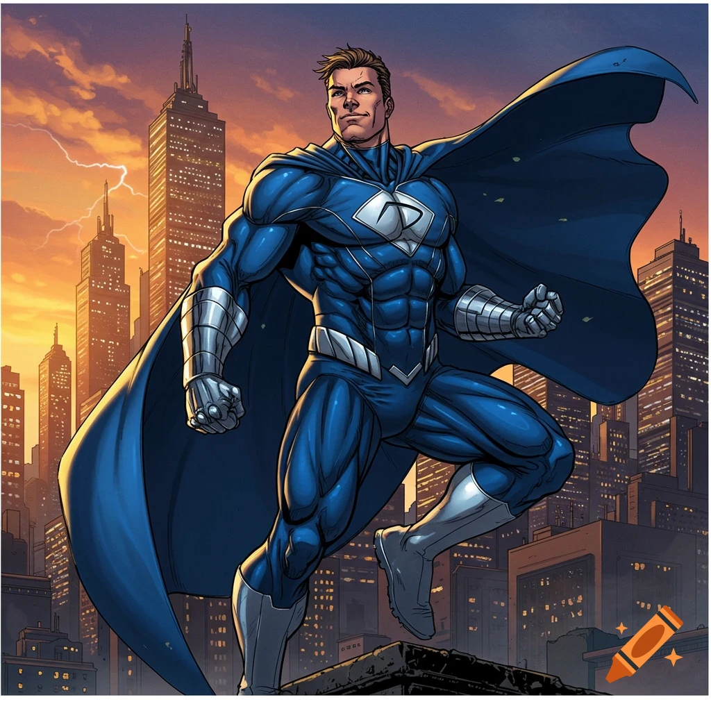 Comic book illustration of a superhero in a blue suit and cape, standing in a cityscape with a sunset sky.