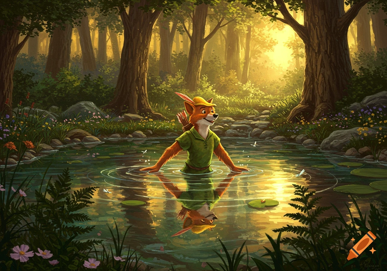 Robin Hood-like fox in a green tunic stands in a sunlit forest pond with trees and flowers.