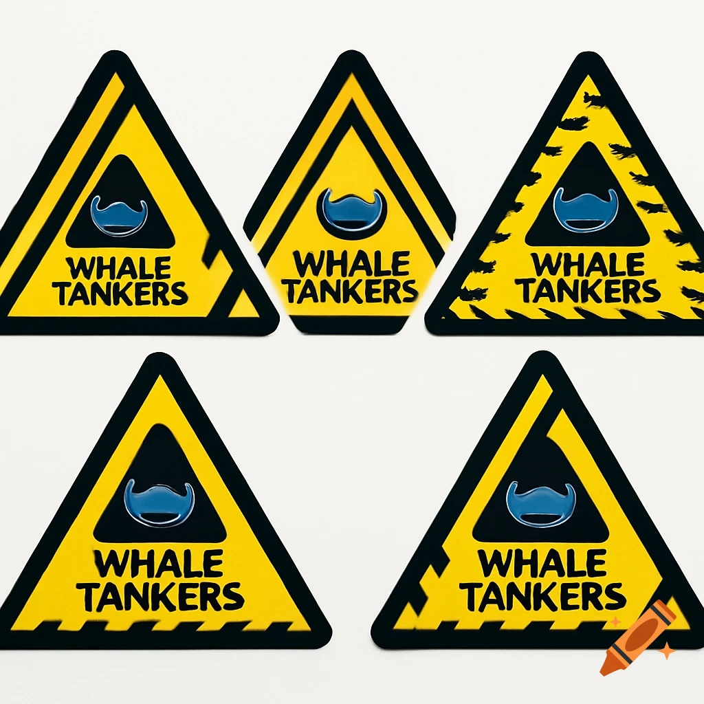 Five yellow and black triangular caution signs with a blue whale tail logo and the text "WHALE TANKERS" on a white background.