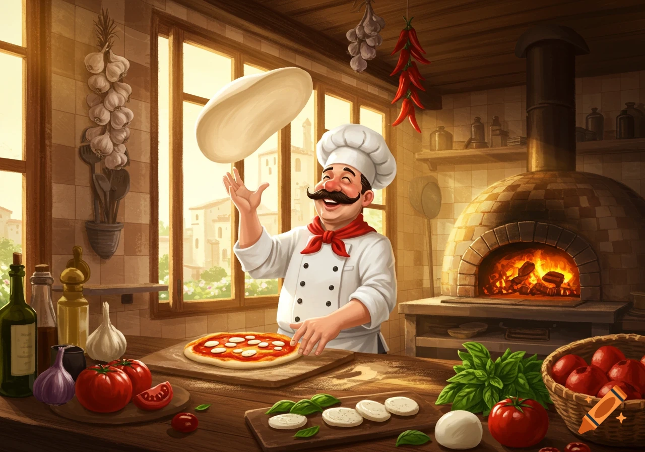 A happy Italian chef with a mustache tosses pizza dough in a rustic kitchen with a wood-fired oven and fresh ingredients, in an illustrative style.