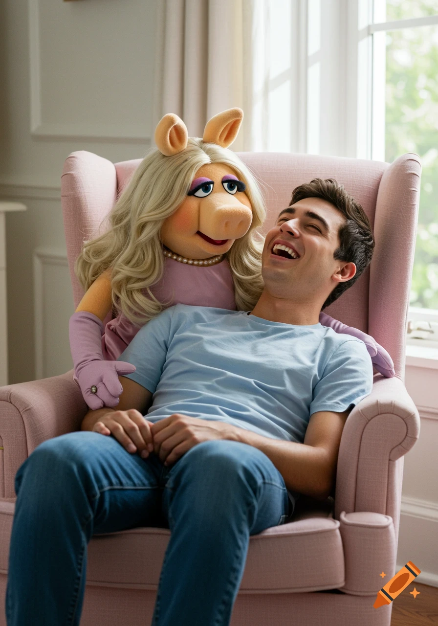 Photorealistic image of Miss Piggy sitting behind a laughing young man in a pink armchair in a bright room.