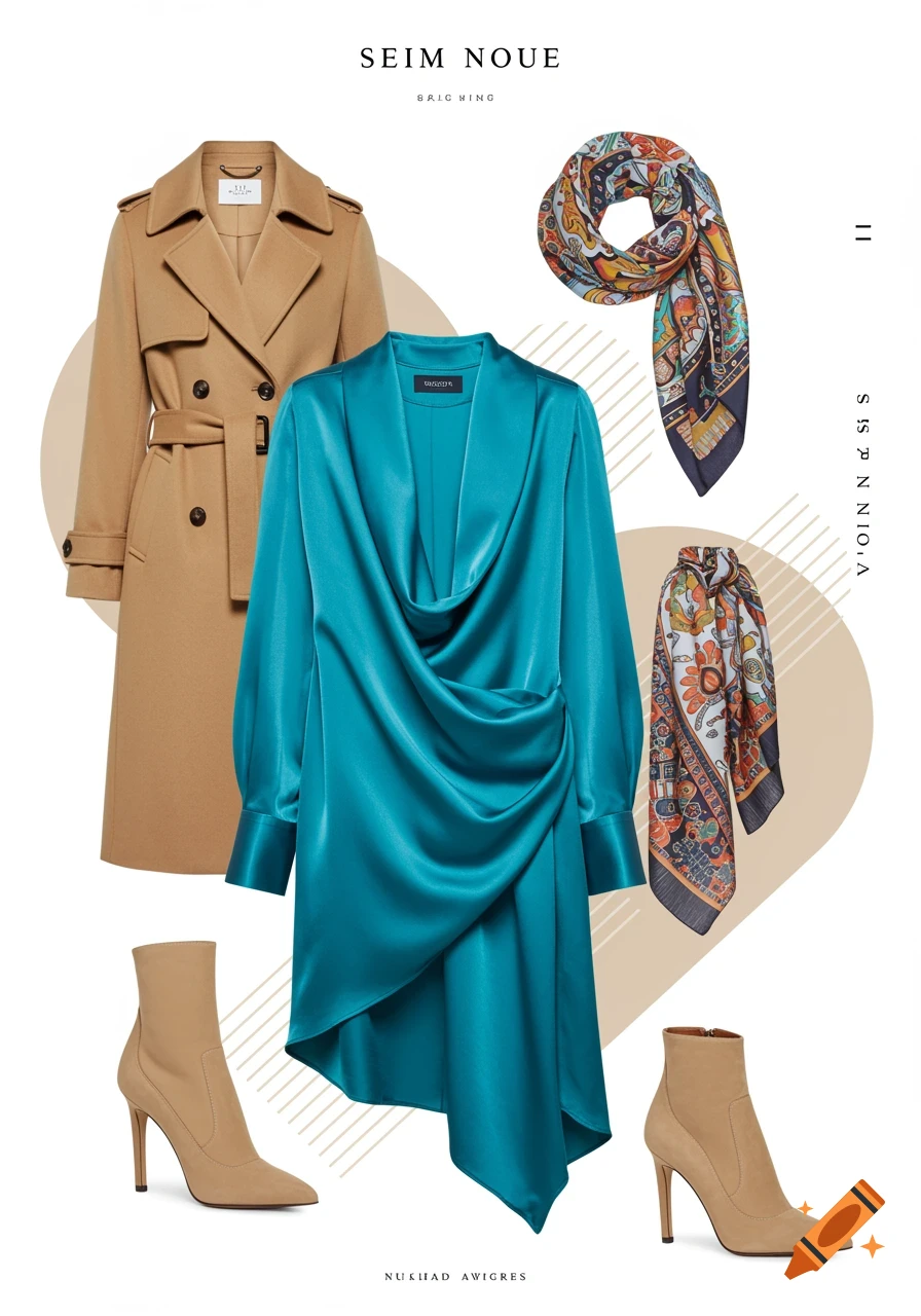 A flat lay of a camel trench coat, a teal satin cowl-neck dress, two patterned silk scarves, and two nude stiletto ankle boots arranged on a white background.