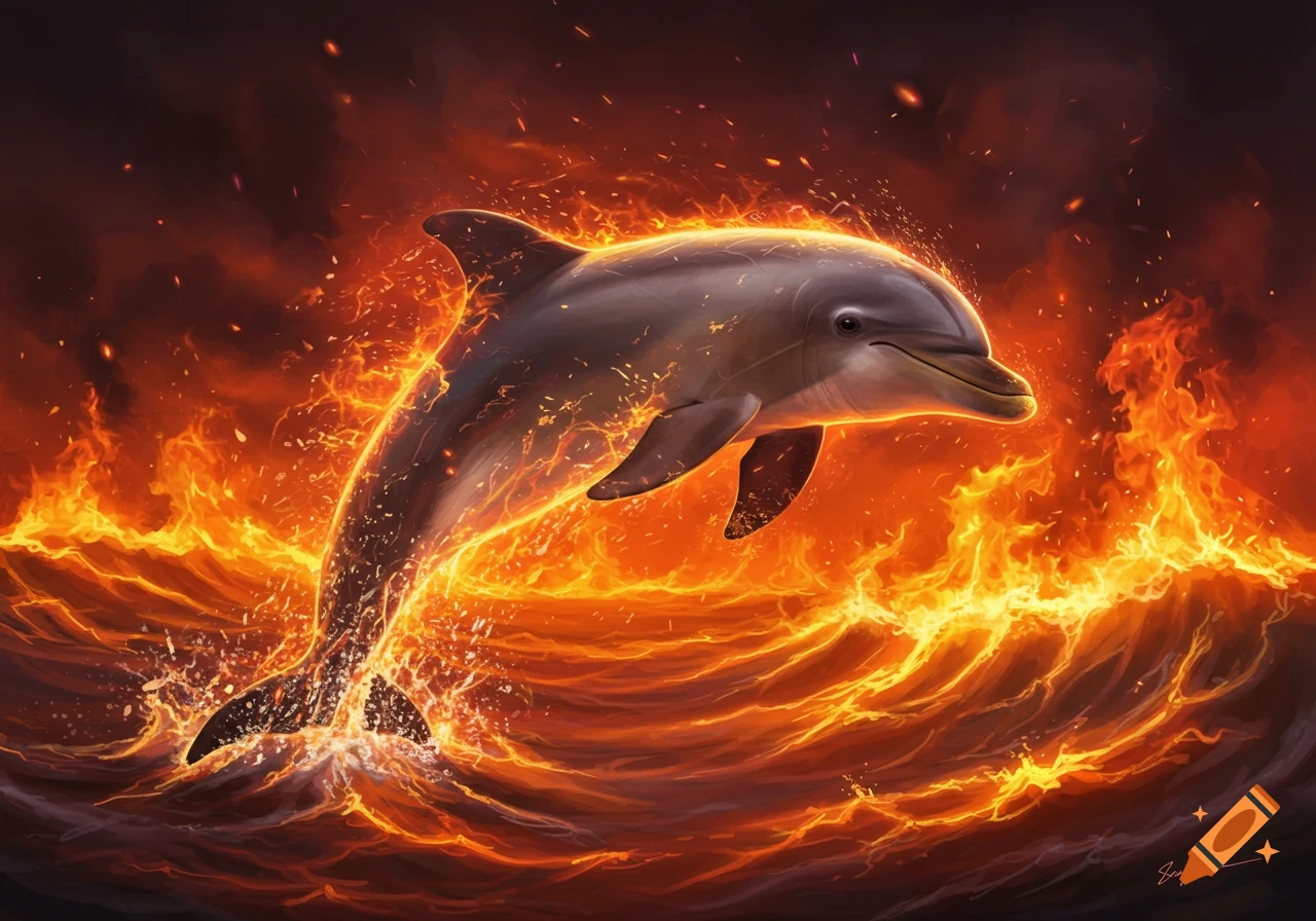 A photorealistic dolphin leaps from fiery orange and red waves against a dark, smoke-filled background, its body glowing with embers.