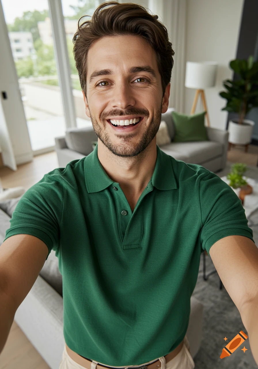 A smiling man with brown hair and a beard wearing a green polo shirt and khakis takes a selfie in a modern apartment.