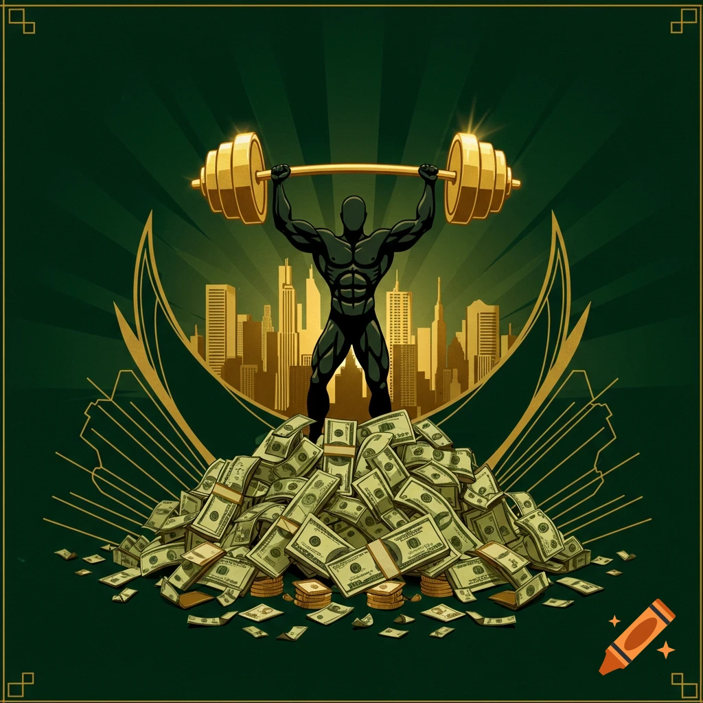 Stylized illustration of a strong man lifting a barbell over a pile of money in front of a city skyline, with an art deco green and gold background.