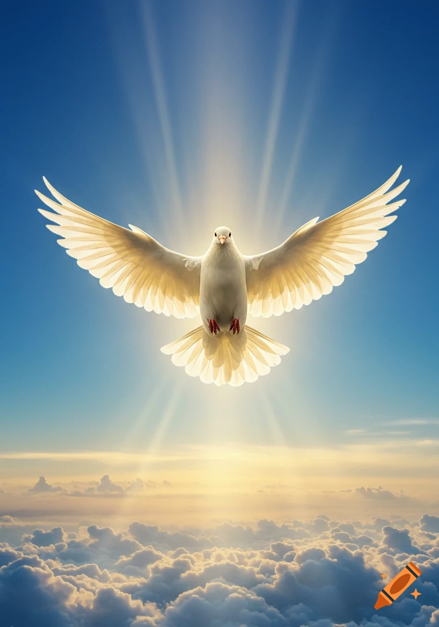 A white dove with outstretched wings descends from a bright blue sky, glowing with radiant light, above a layer of clouds.