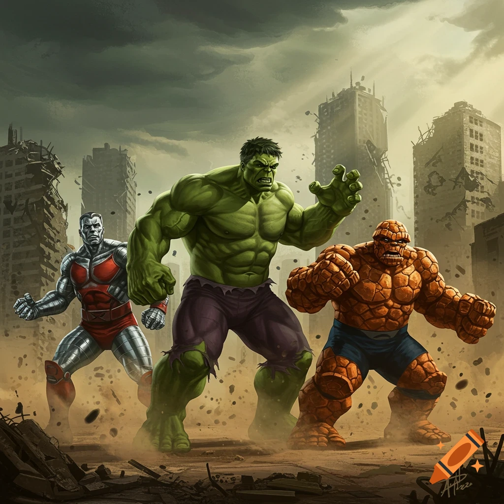 The Hulk, Colossus, and The Thing stand menacingly in a destroyed city in a comic art style.