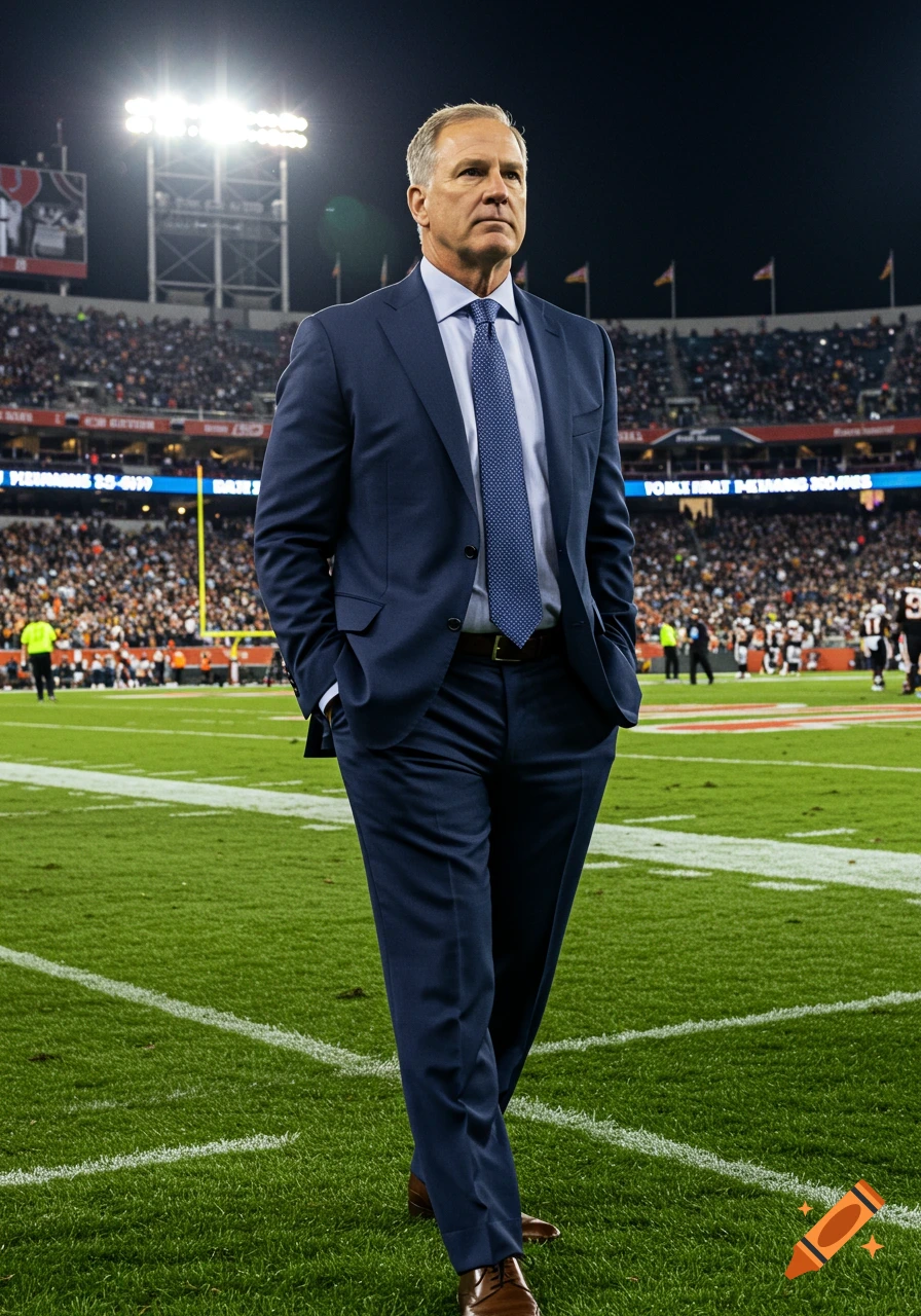 A photorealistic image of a football coach in a navy suit on the field at night with a stadium in the background.