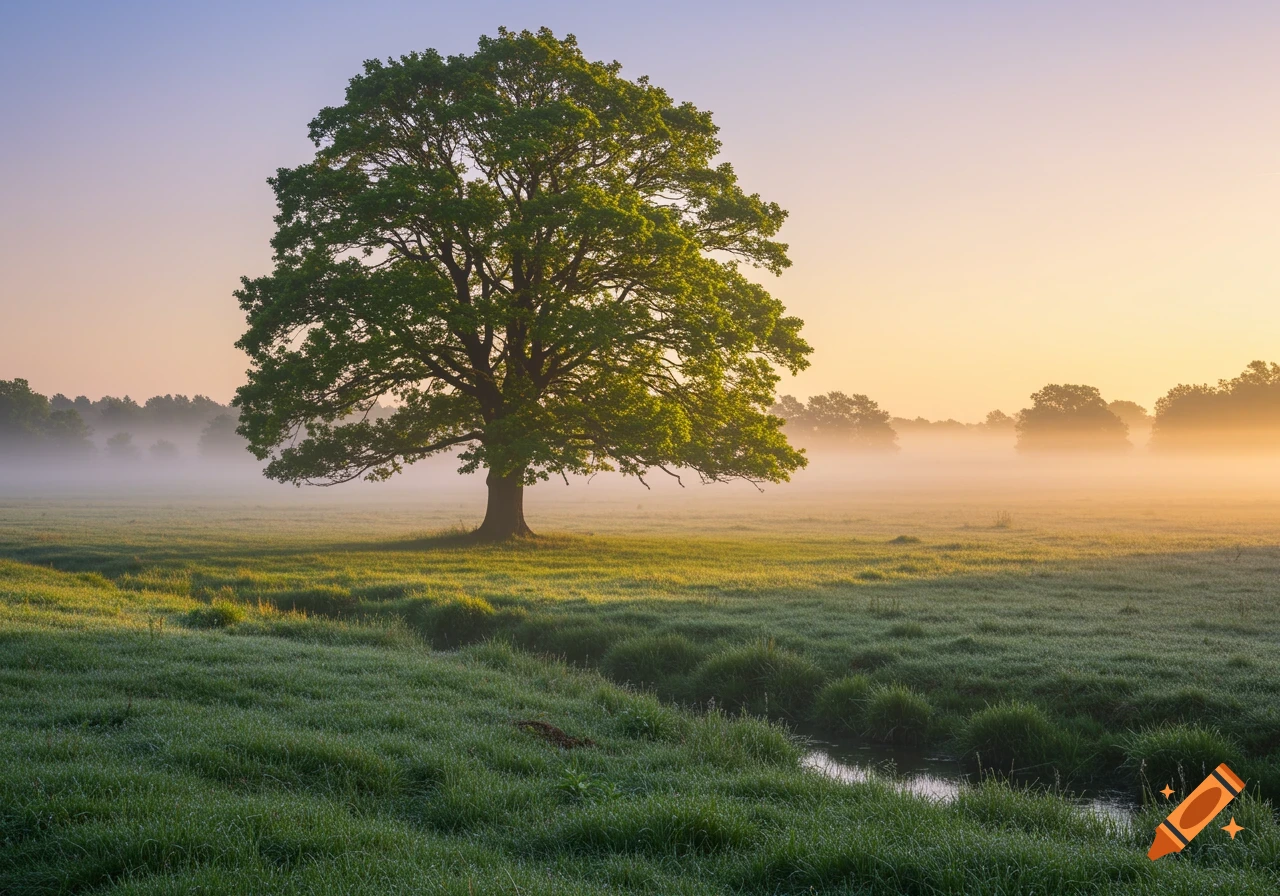 A vibrant green tree stands in a misty, dew-covered field with a small stream, illuminated by the warm light of sunrise.