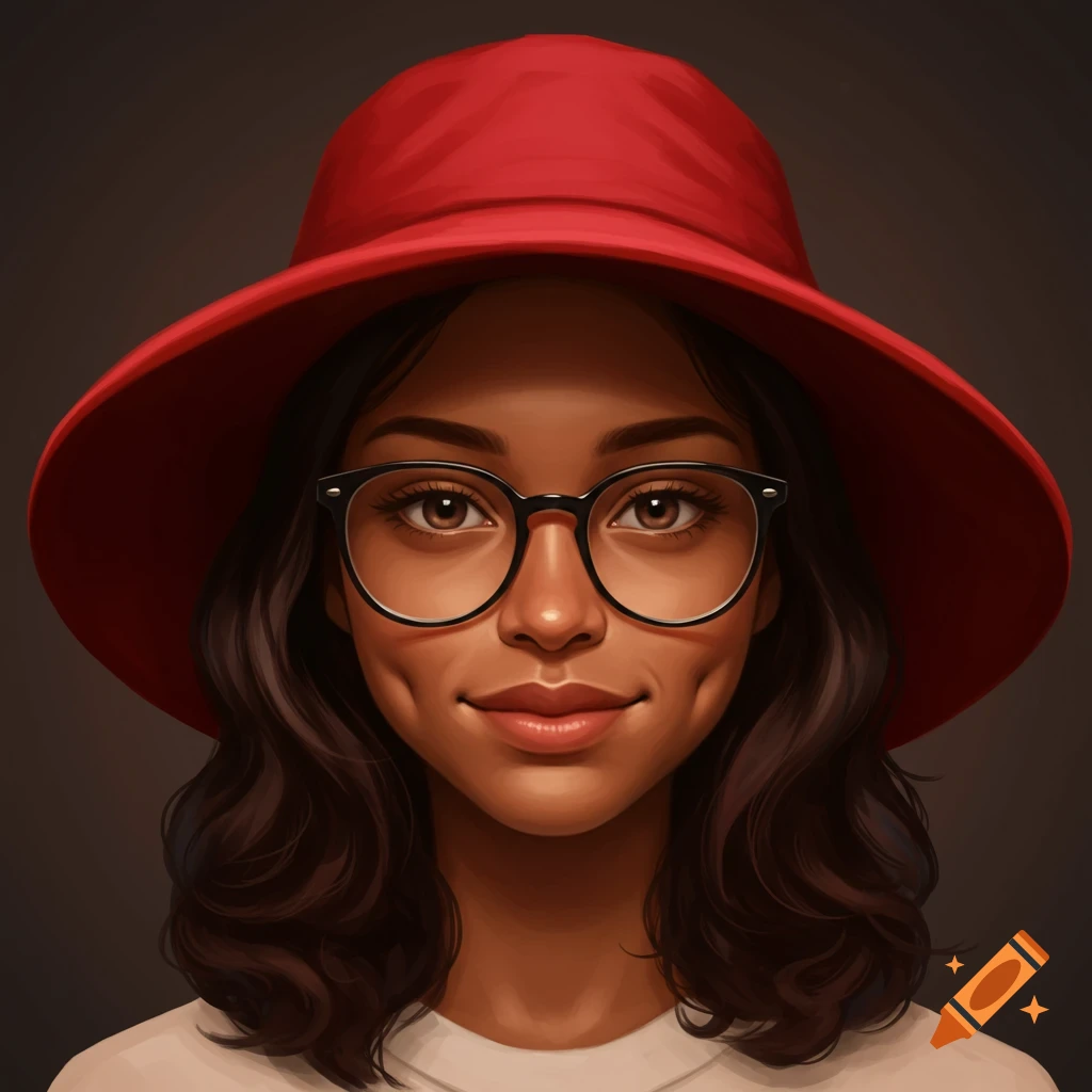 A close-up illustration of a woman with dark skin tone, dark brown curly hair, brown eyes, and dimples, wearing black oversized glasses and a wide-brimmed red hat.