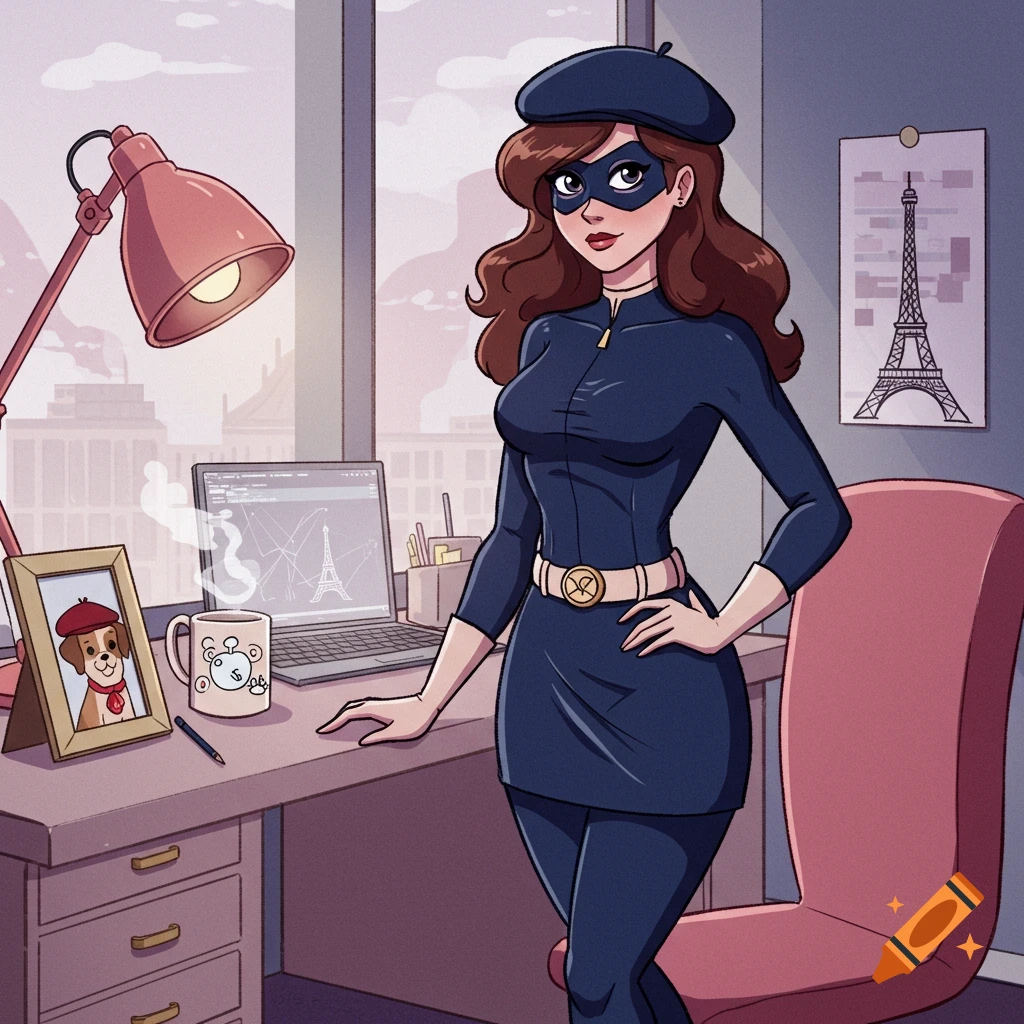 A cartoon superhero woman in a dark blue catsuit and beret stands at a desk in an office with an Eiffel Tower poster and a photo of a dog.