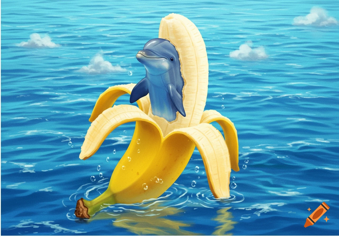 A smiling dolphin emerges from a peeled banana, floating on blue ocean water under a sky with white clouds.