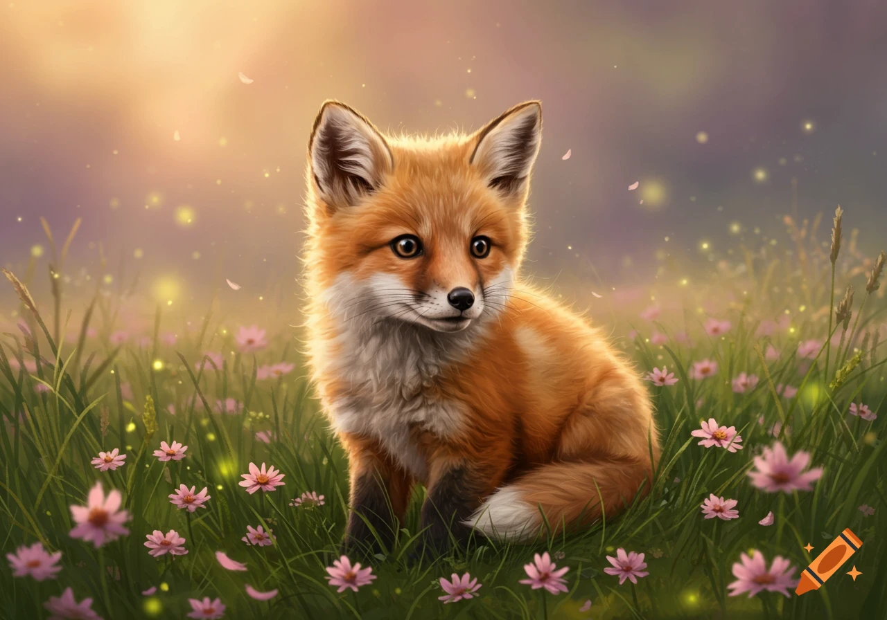 A cute fox cub with orange and white fur sits in a field of pink flowers with golden light in the background, illustrative style.