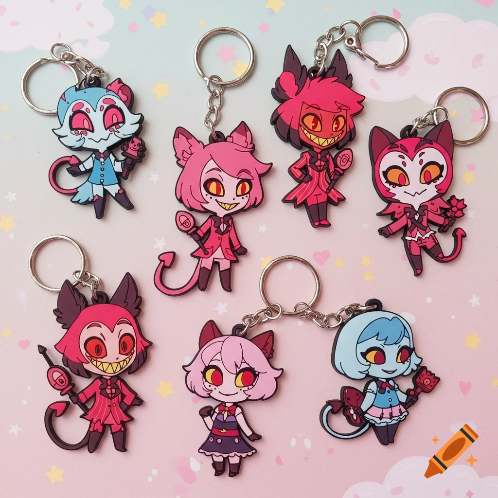 Seven colorful chibi-style keychains of Hazbin Hotel characters on a pastel background.