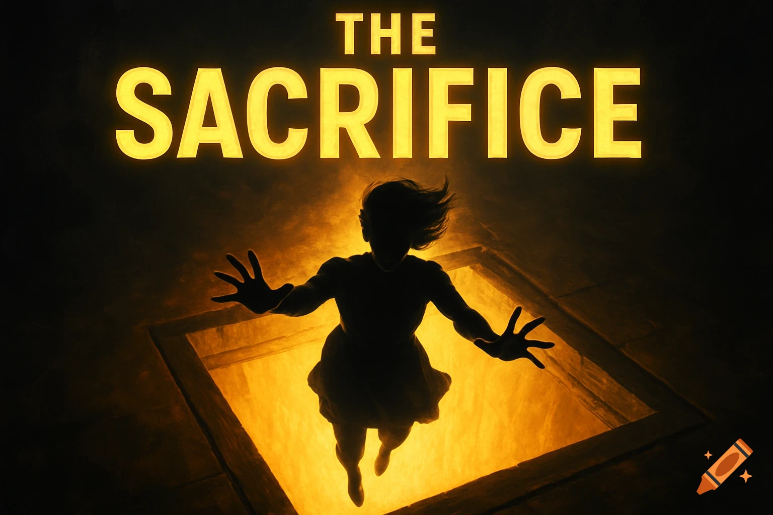 A dramatic poster with bright yellow text 'THE SACRIFICE' above a silhouetted figure falling into a glowing, fiery pit.