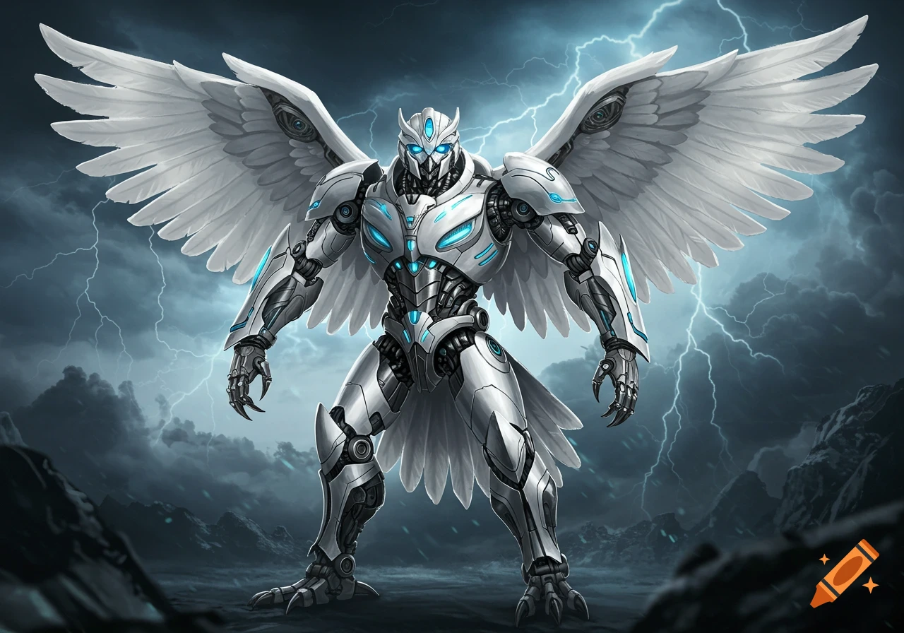 A majestic white and silver robot with large wings stands in a stormy landscape with lightning.