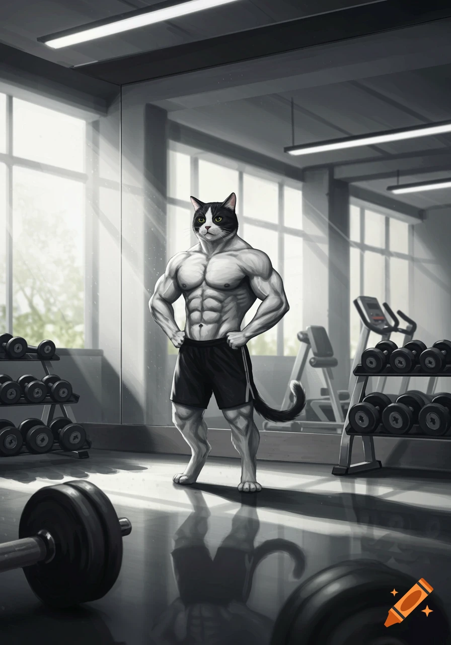 An illustrated muscular black and white anthropomorphic cat poses in a gym with weights and mirrors.