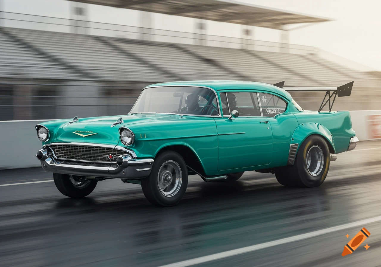 A teal 1957 Chevrolet Bel Air race car with a large spoiler speeds down a drag strip with motion blur.