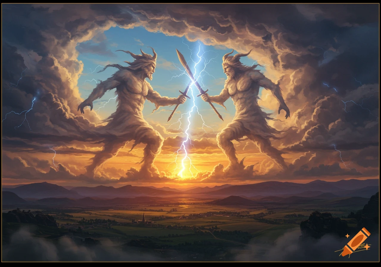 Two cloud giants, made of swirling storm clouds, battle with swords as lightning strikes between them over a vast landscape at sunset.